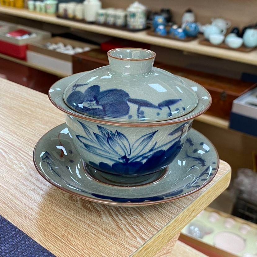 中国茶器 景徳鎮 陶磁器 青花馬蹄三才蓋碗 喜上眉梢 茶碗 煎茶器 新品未使用 中国茶器 景徳鎮 陶磁器 青花馬蹄三才蓋碗 喜上眉梢 茶碗 煎茶器