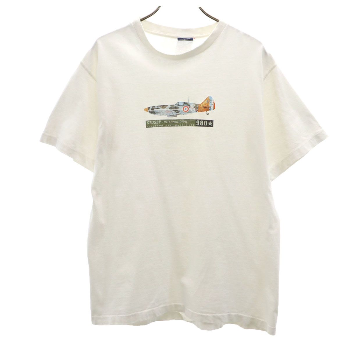 STUSSY ステューシー 90s USA製 オールド 紺タグ フランス空軍 戦闘機 D.520 半袖 Tシャツ M ホワイト シングルステッチ メンズ OLD STUSSY ステューシー Tシャツ 90s シングルステッチ M STUSSY