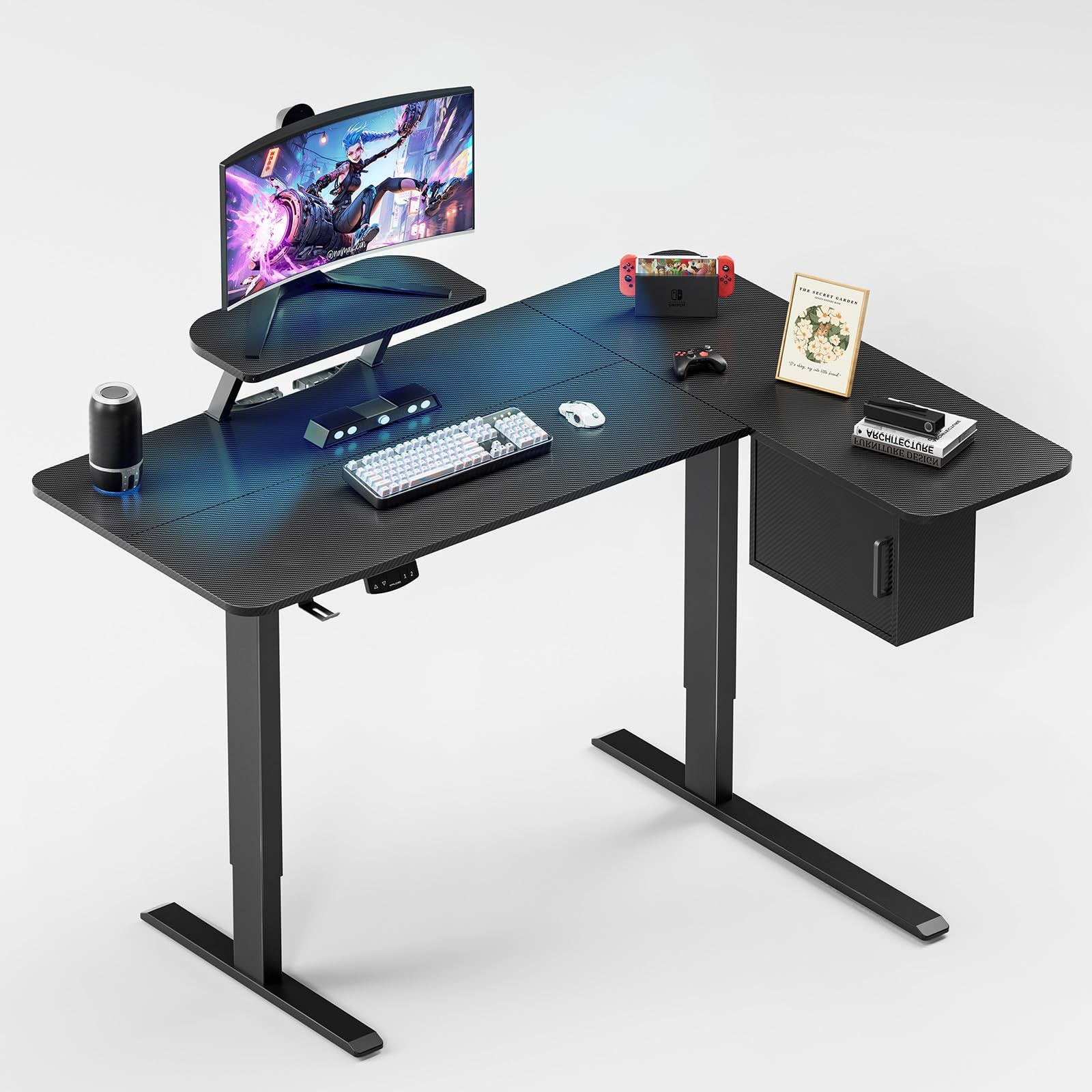 キャビネット付き パソコンデスク pcデスク 電動昇降式 オフィスデスク カーボン調 静音 速い ゲーミングデスク 幅広い作業スペース 移動 なモニター台付き 安定昇降 特許取る フック付き GTPLAYER スムーズに昇降 ケーブルマネージャー付き 高さ