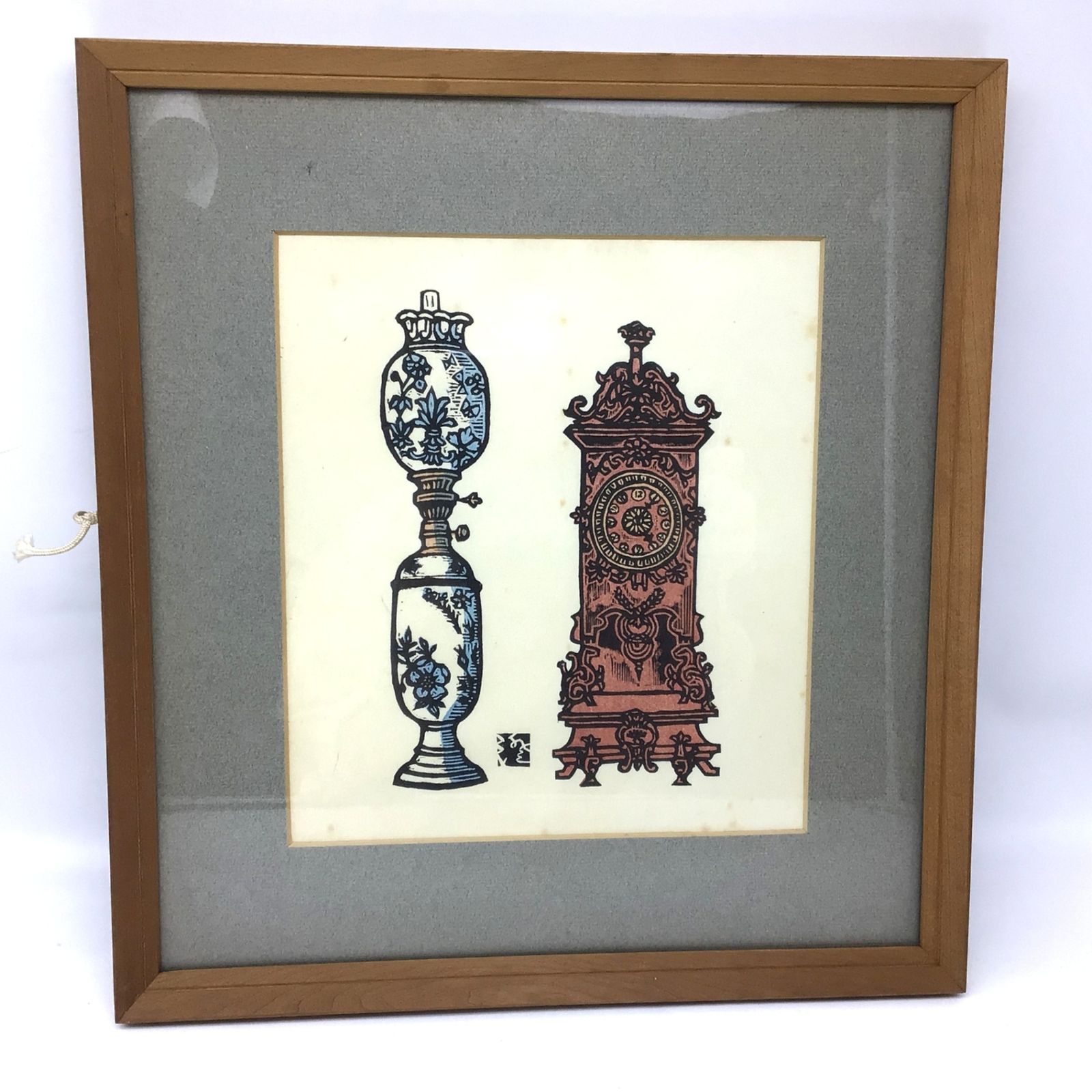 時計とランプ 川上澄生 額装 木版画 堀田時計店 1971年