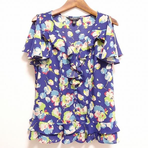 新品☆RALPH LAUREN♡花柄フリル付きブラウス 美品 ローレン ラルフローレン 現行 フリル ブラウス ネイビー