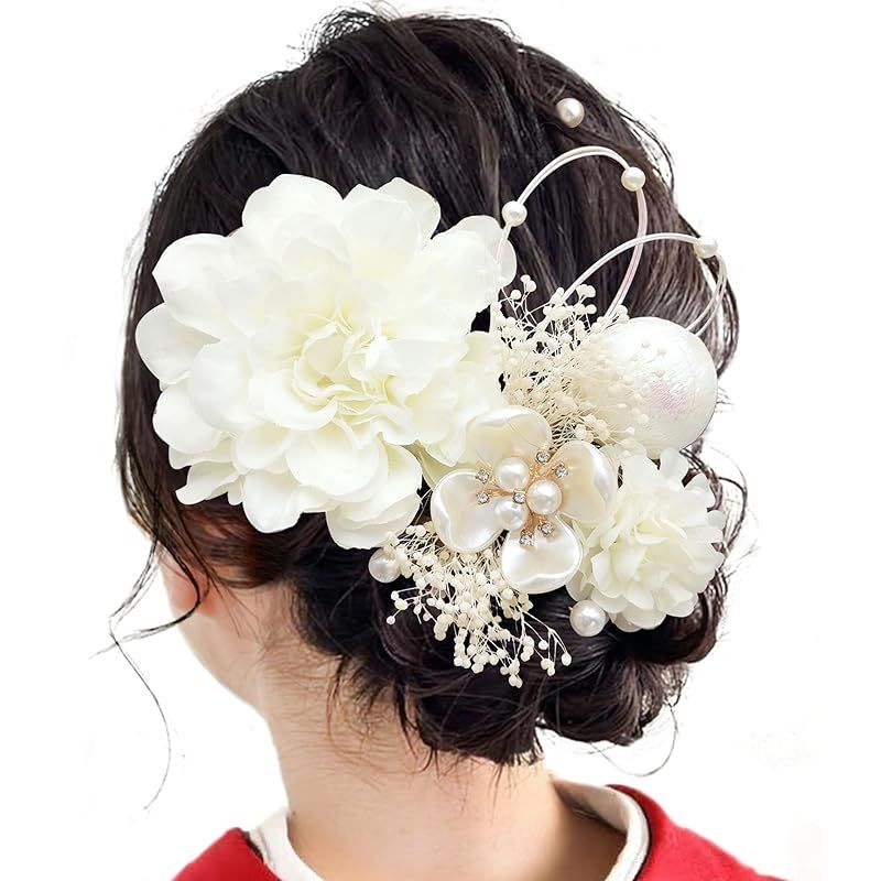 [Baramoly] 髪飾り 成人式 和装小物 卒業式 結婚式 和装 着物 袴 振袖 ダリア プリザーブドフラワー かすみ草 あじさい ヘアアクセサリー 水引 ヘッドパーツ 専用ケース付き ホワイト DA1003 1