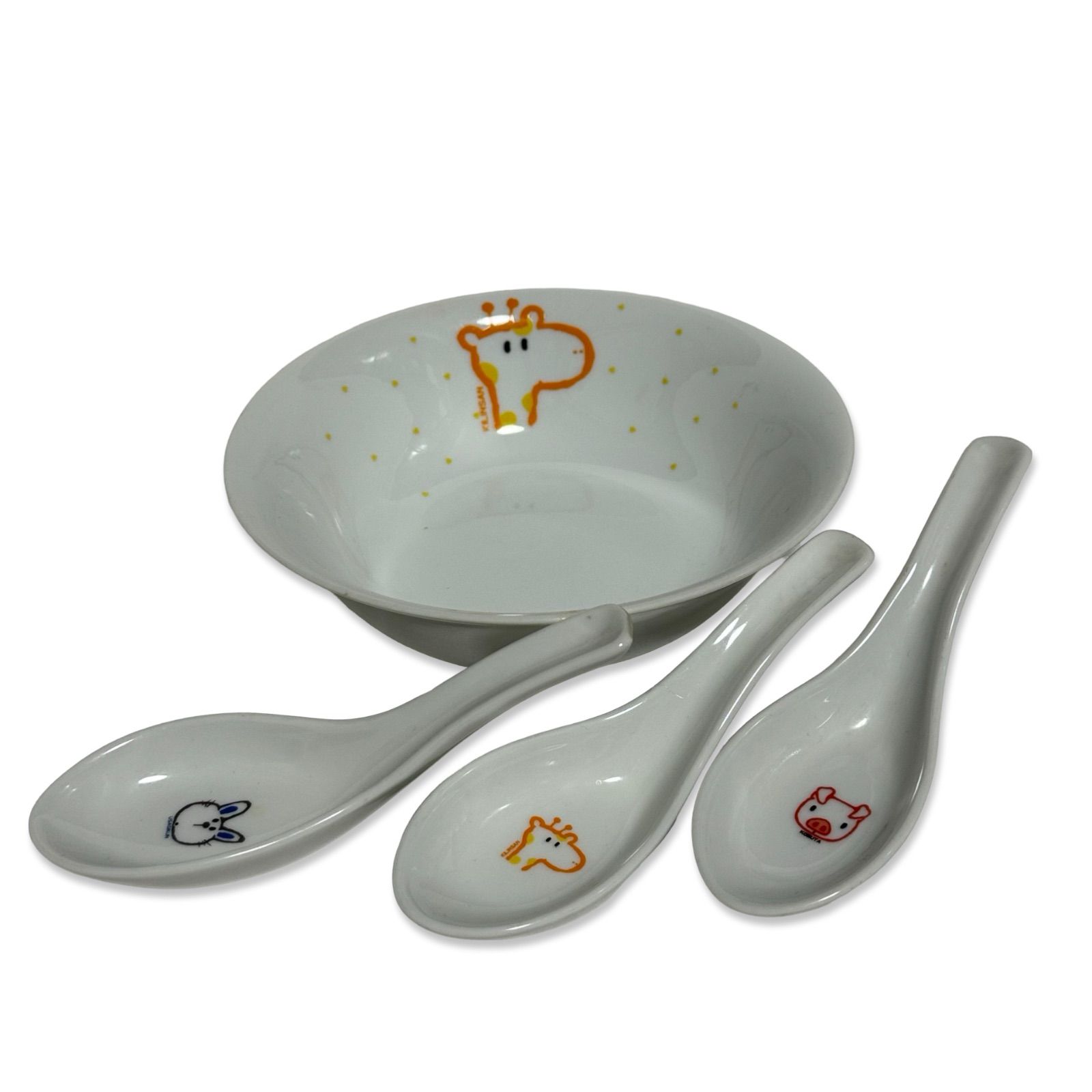 お子様食器】レンゲ ラーメン丼セット 陶器 アニマル柄 きりん うさぎ