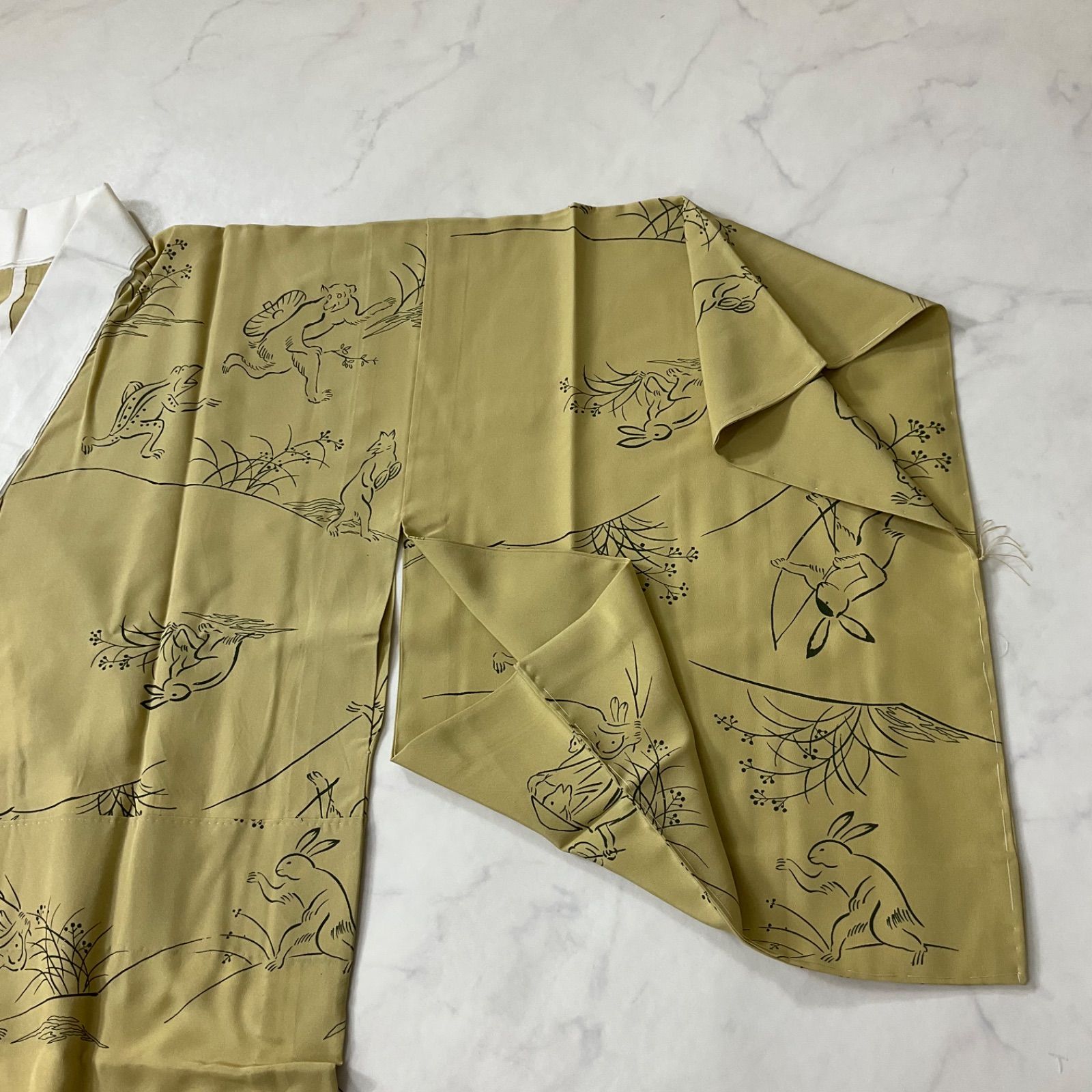 同然◆長襦袢◆仕付け糸付き◆鳥獣戯画◆正絹◆単衣◆袖無双◆白半衿付き◆東京ますいわ屋◆はればれ加工◆居敷当て付き◆日本和裁技術院◆裄64.5肩丈121.5◆小紋紬附下訪問着留袖袷単衣夏着物◆K1224