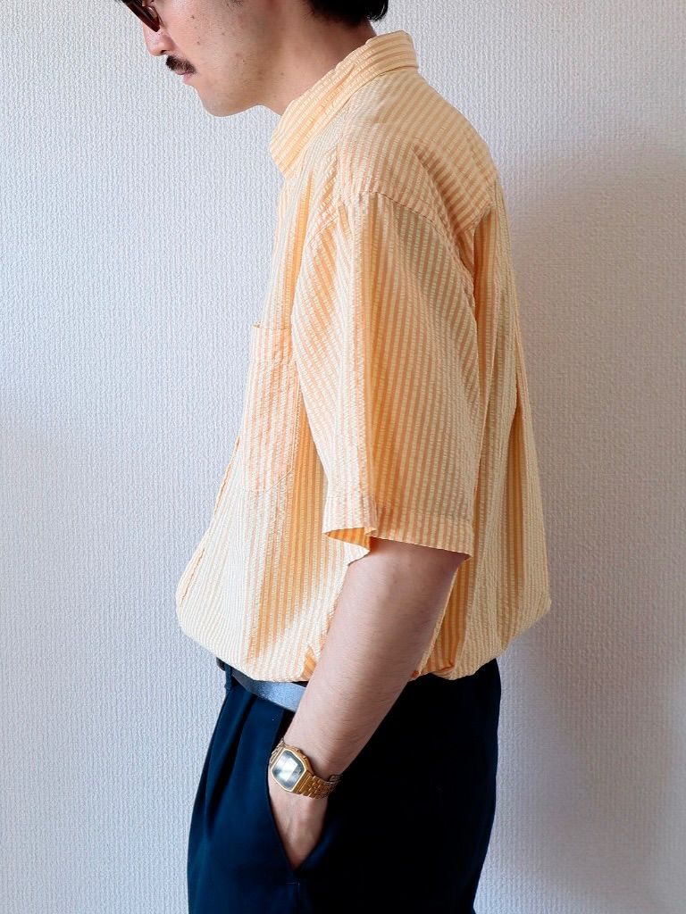 L.L.BEAN 1990s S/S Seersucker Stripe B.D. Shirt “Orange” エルエル  