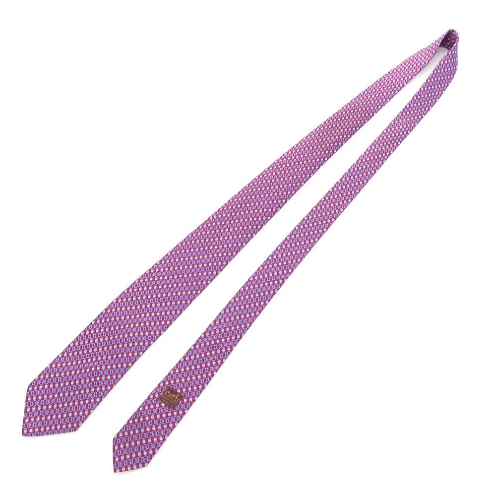 中古】エルメス HERMES プリント 3つ折り シルク ネクタイ レッドx