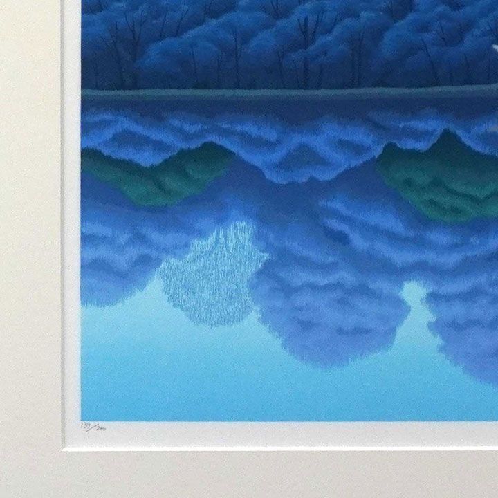 NO33. 国武久巳 湖上の月 版画 馬 青 風景画 額付き 箱あり 絵画