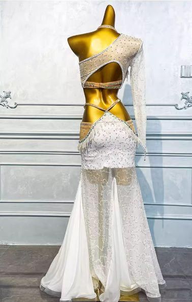 ベリーダンス オリエンタル衣装 3点セット 透けます ホワイトオーダーメイド