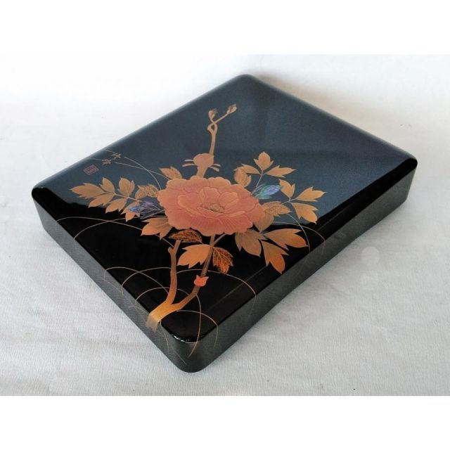 硯箱 漆器 漆塗 木製 蒔絵 牡丹 桜井漆器 伝統工芸士 渡辺修峰
