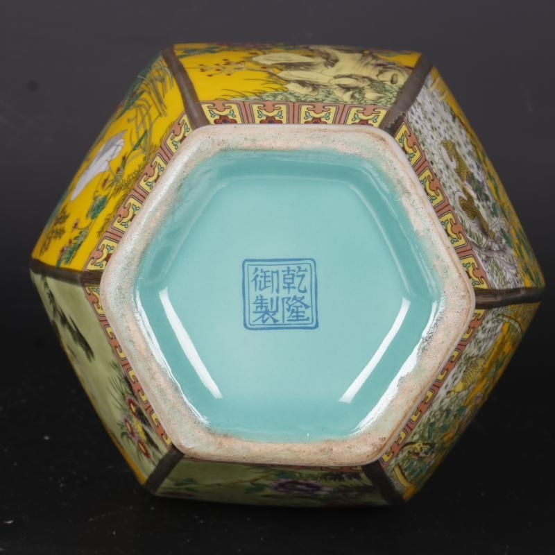 清乾隆蒔金琺瑯彩花鳥六方瓶 景徳鎮 陶磁器 装飾品 現代