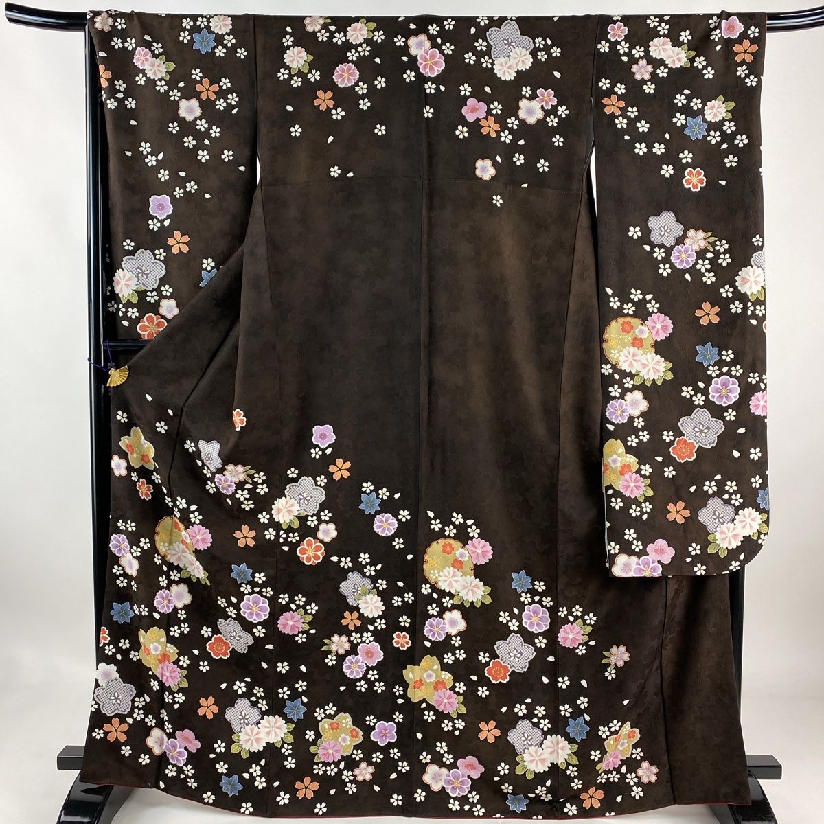 振袖 身丈167.5cm 裄丈68cm L 袷 桜 金彩 茶紫 正絹 名品 【中古】 