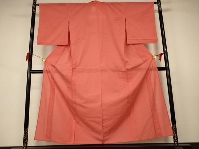 平和屋着物＊夏物 色無地 芝紋紗 鉛丹色 洗える着物 AABA9369jd