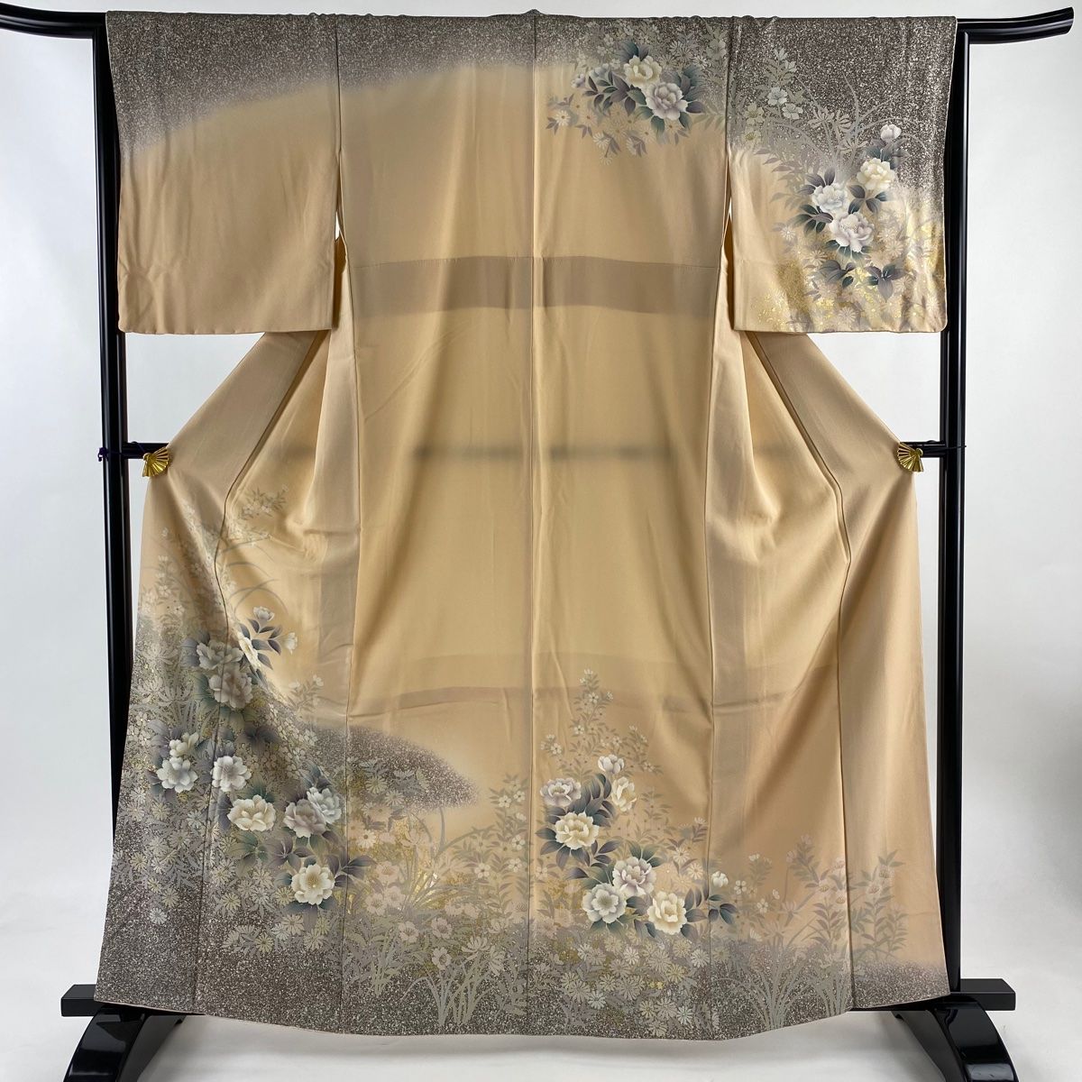 訪問着 身丈163cm 裄丈65cm M 袷 草花 金銀彩 薄オレンジ 正絹 秀品