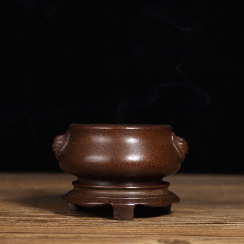 香炉 銅製 獅耳圧経銅炉 仏堂香炉 香道具 工芸品 置物 香炉/香器『高岡