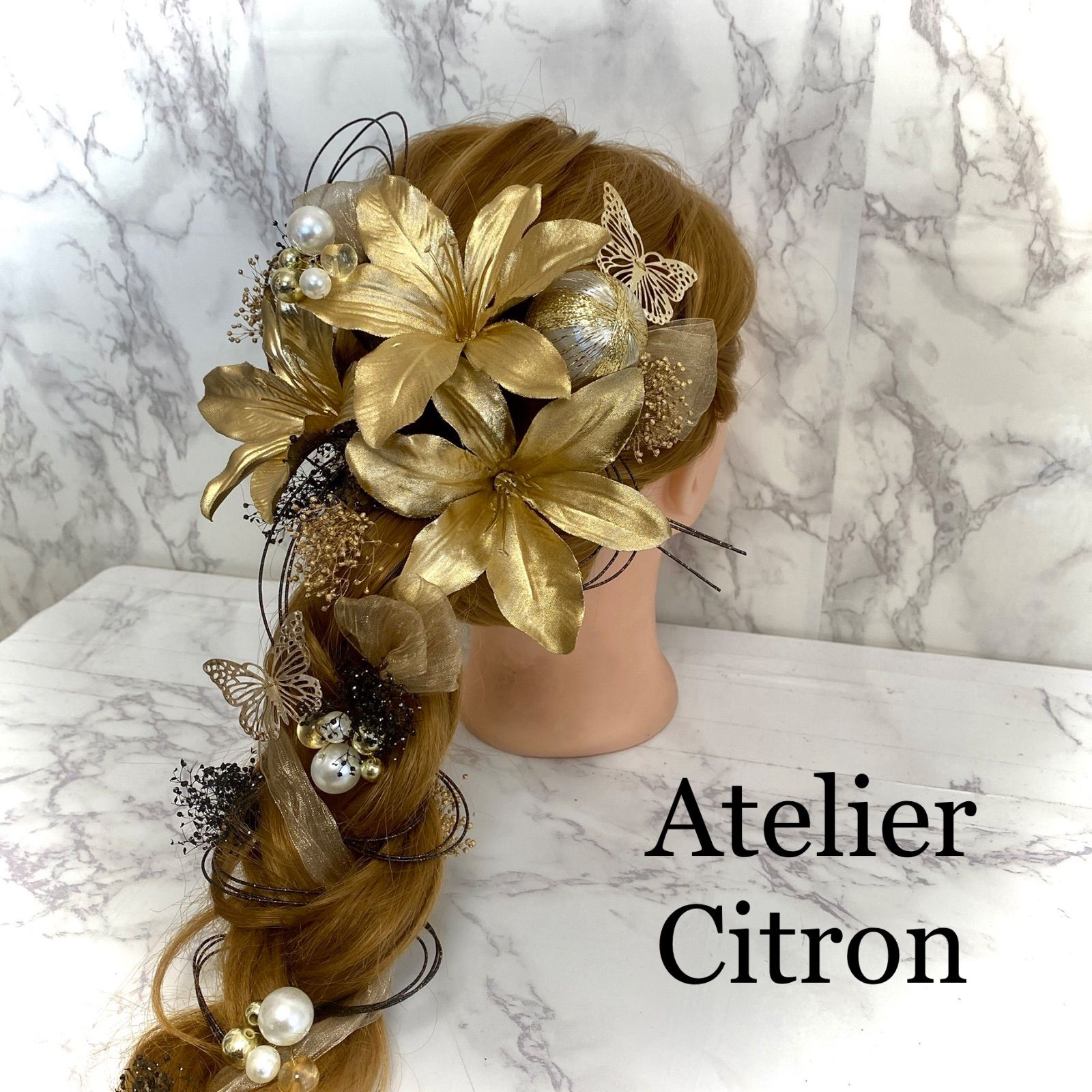 絶妙なデザイン 成人式 結婚式 和装 髪飾り 百合ゴールド 水引 蝶々 ヘアピン