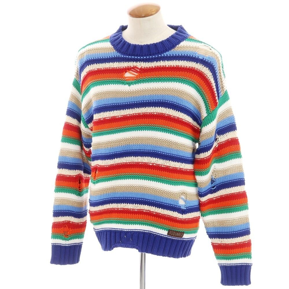 【新品】ディースクエアード DSQUARED2 ダメージ加工 コットン リネン マルチボーダー プルオーバーニット ブルーxマルチカラー【サイズS】【メンズ】 新品アウトレット】ディースクエアード DSQUARED2 ダメージ加工
