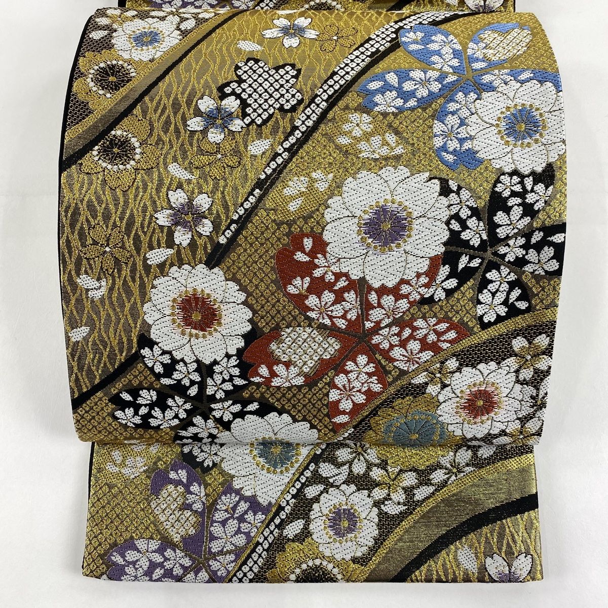 袋帯 秀品 桜 花びら 刺繍 金糸 金色 六通 正絹