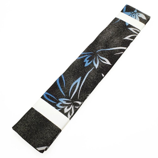 角帯 男物 リサイクル 全通 正絹 リバーシブル 黒地 ブラック系 銀通し 手染め 青 ブルー 蘭 らん 花柄 草花 モダン カジュアル メンズ 男性 紳士 春 秋 冬 みやがわ sb 54591