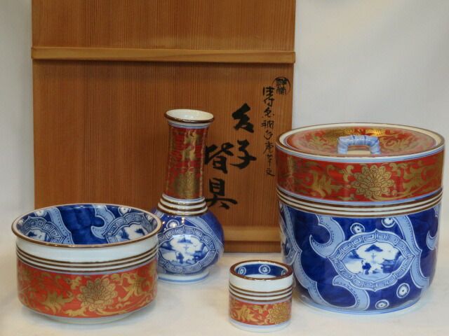 十月◆特売品 平安 手塚祥堂作 染付金襴手 唐草文台子皆具 茶道具 税込 送料込
