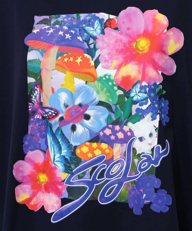 ScoLar（スカラー）ネコ花キノコ柄 接触冷感Tシャツ オフ
