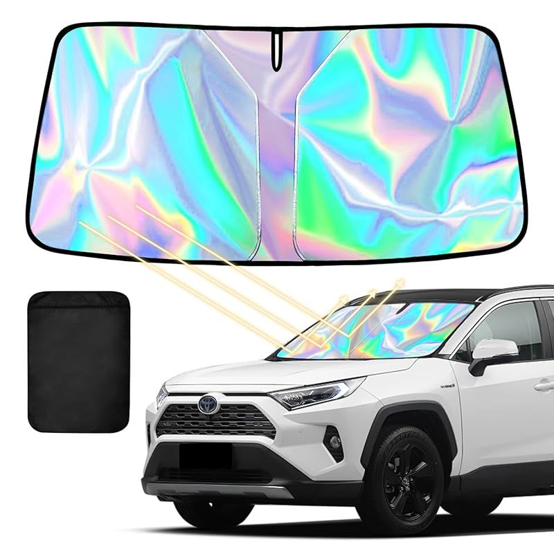 【2024革新版 虹色】サンシェード 車 フロント 車用サンシェード 折りたたみ《宇宙分野の断熱素材・瞬間遮光遮熱》TOWOOZ カーシェード 日よけ レーザー表面 虹色 uvカット99% 収納便利の車フ