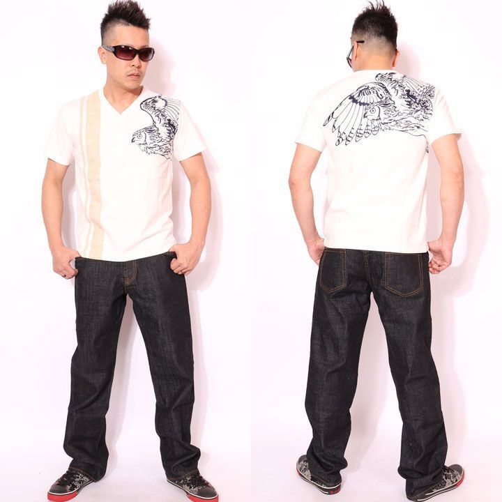 花旅楽団スクリプト 飛翔梟 和柄 刺繍 半袖ヘンリーTシャツ ST-662