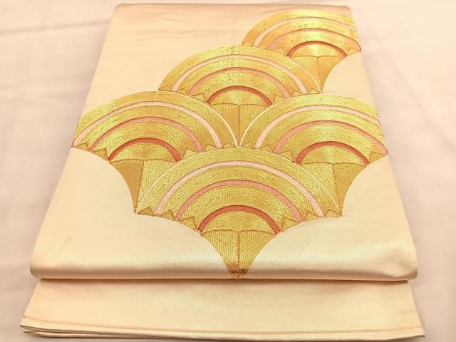 美品！青海波 紺系 華丸文様 扇 金 正絹 二重太鼓 袋帯 作り帯 美品！青海波 紺系 華丸文様 扇 金 正絹 二重太鼓 袋帯 作り帯