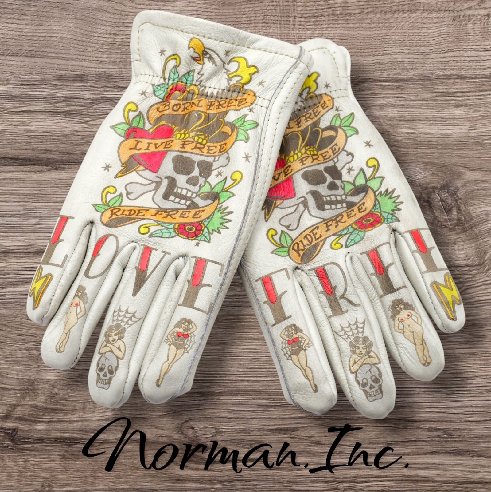 牛革　レザーグローブ　アメリカン　バイク　ハーレー　カスタム　手袋　白　M 豚革 レザーグローブ アメリカン バイク ハーレー カスタム タトゥー
