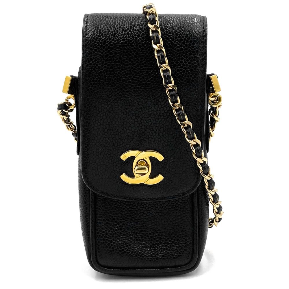 CHANEL シャネル ショルダーバッグ フラップ フォンポーチ ミニチェーンショルダーバッグ ターンロック ポシェット ココマーク ココ かばん 鞄  キャビアスキン   ブラック 黒 ゴールド金具 レディース 定番【品】