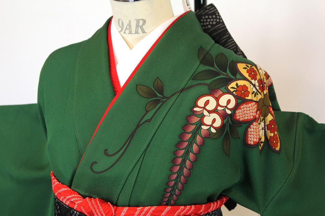 振袖フルセット 6点セット 正絹 古典モダン緑系花模様 【振袖・袋帯