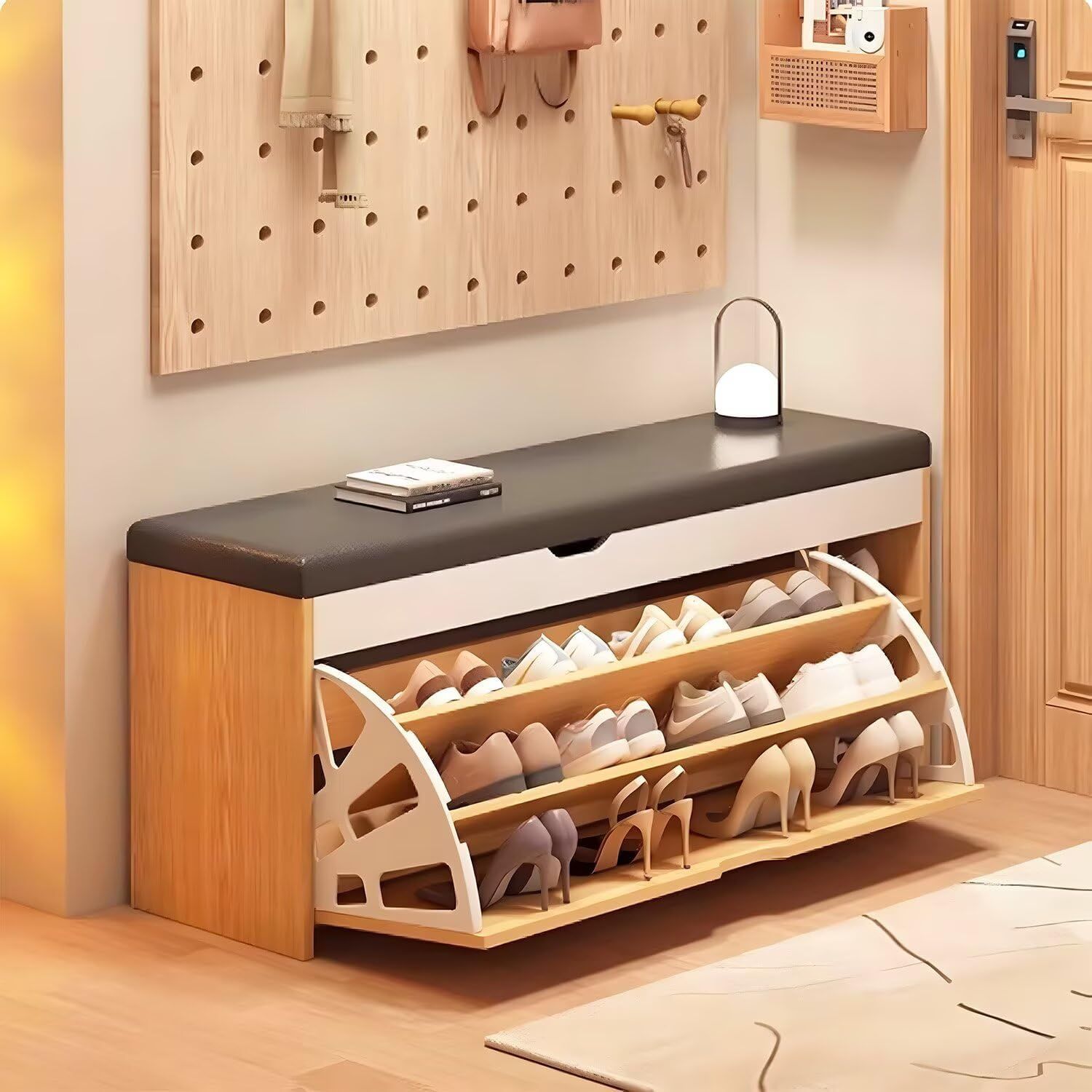AORTD 玄関ベンチ 玄関椅子 収納ベンチ 靴箱 3段式 開閉式デザイン