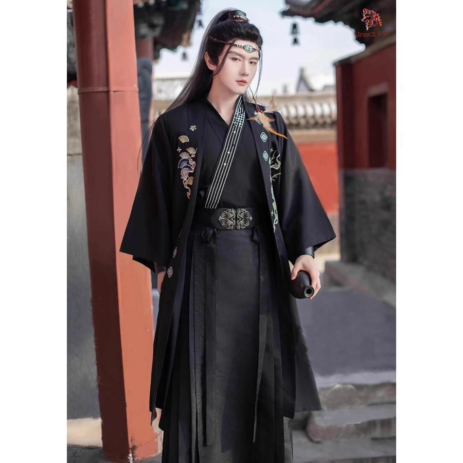 メンズ 漢服 中華コスプレ衣装 6点セット 黒 暗黒系 おしゃれ 交差襟 中国古代服 チャイナ服 エスニック刺しゅう ロング丈羽織カバー付き CS01011BJ