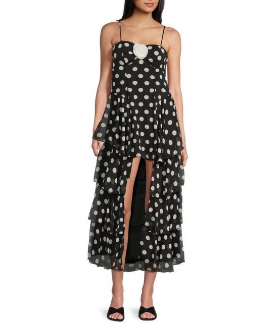 【送料無料】 シティヴァイブ レディース ワンピース トップス Polka Dot Bandeau Bodice Spaghetti Strap Rosette Front High-Low Ruffled Tiered Dress Black/Ivory