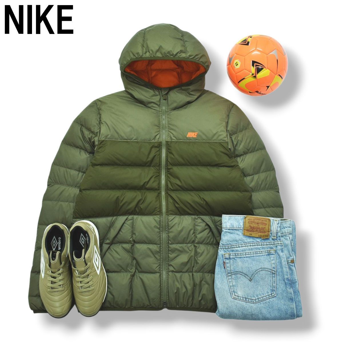 ナイキ NIKE フーデット ダウン ジャケット ウィンドブレーカー キルティング L オリーブ x オレンジ スポーツ アウトドア カジュアル ウェア ジャンパー メンズ