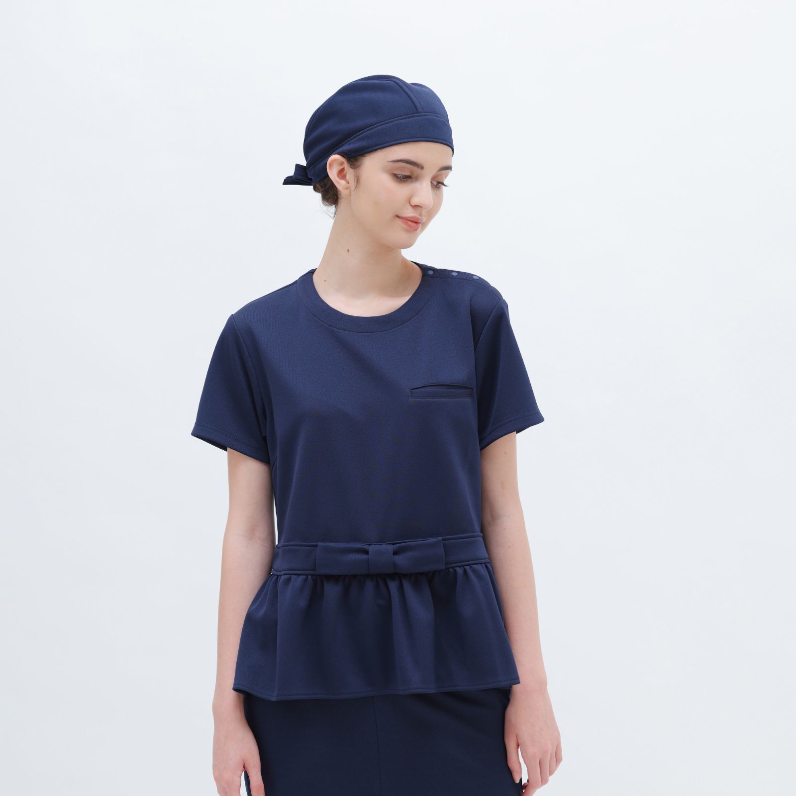 医療スクラブ 医療ユニフォーム おしゃれスクラブ Ribbon Peplum Shirt_NAVY05
