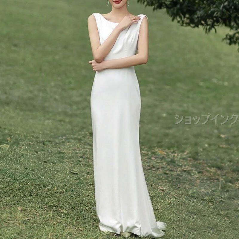 ウエディングドレス マーメイドラインドレス フィッシュテール 白 シンプル サテン 背中開きタイプ 二次会 花嫁 結婚式 ロングドレス ブライダル 大きいサイズ