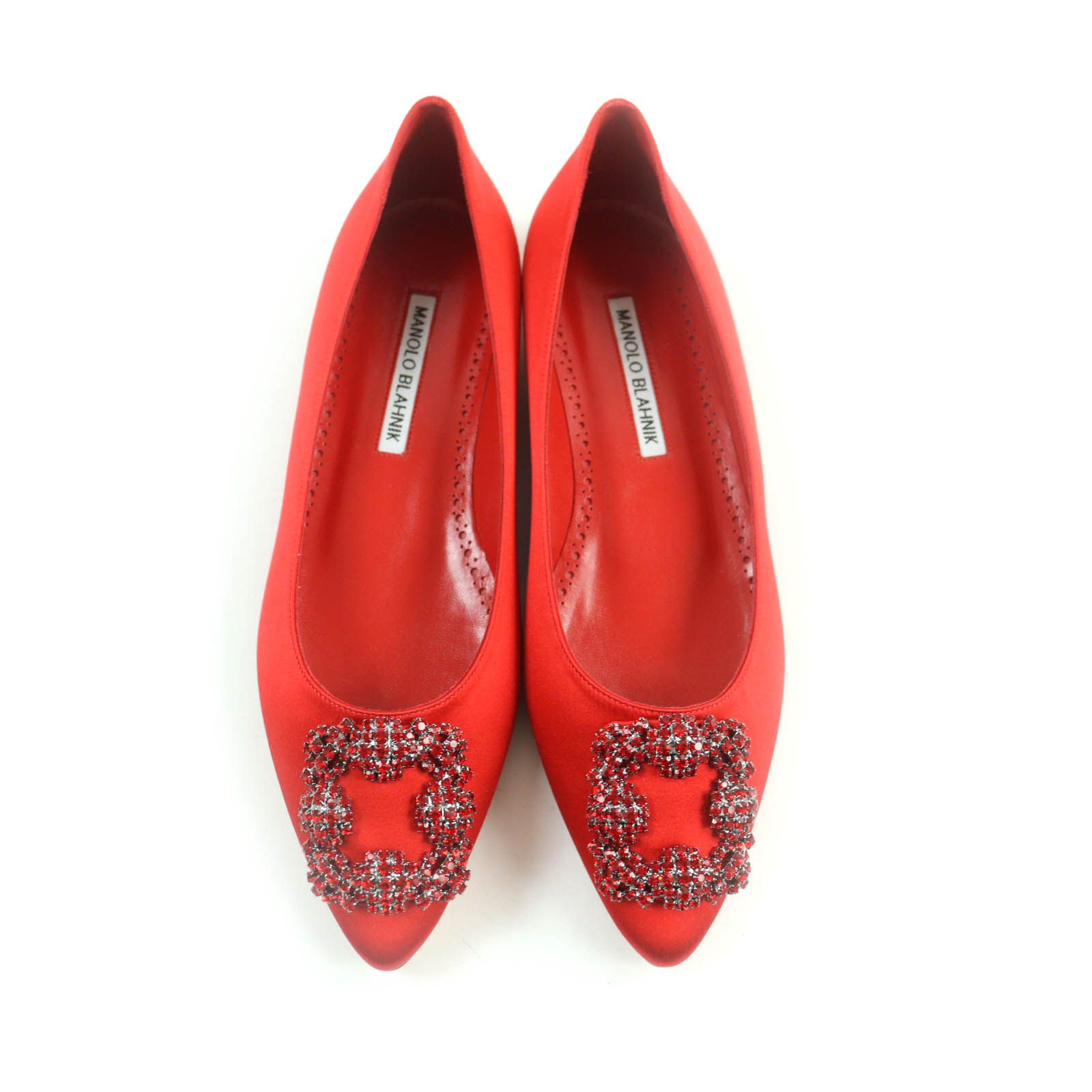 未使用品☆MANOLO BLAHNIK マノロブラニク 422-1474-0001 ハンギシ ビジューバックル付 サテン フラットパンプス レッド  37 箱・保存袋付き イタリア製 レディース - メルカリ