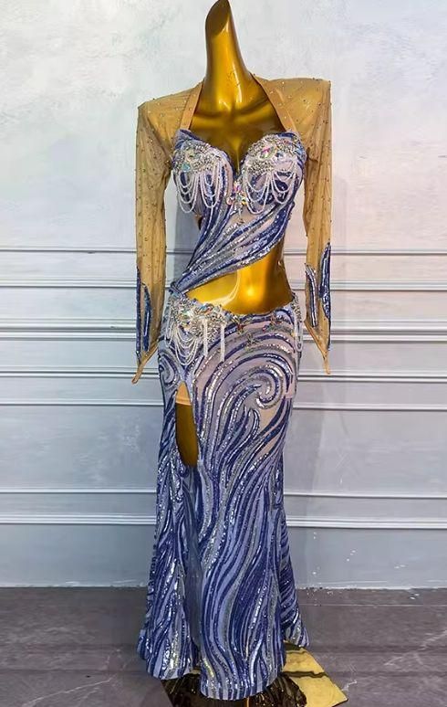 ベリーダンス衣装 長袖 トップスブラ スカート ラメ オーダーメイド