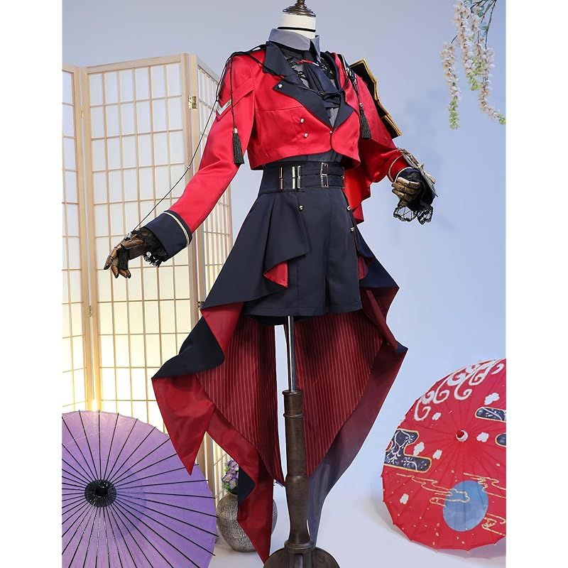 在庫 Miccostumes レディース 大人 男士 華奢な少年風 男の娘風 アニメ ゲーム コスチューム コスプレ コス かっこいい かわいい 萌え キュート 衣装セット 仮装 変身 変装 長い赤ゴシックスーツ 短パン 黒レース 赤い薔薇 帽 1