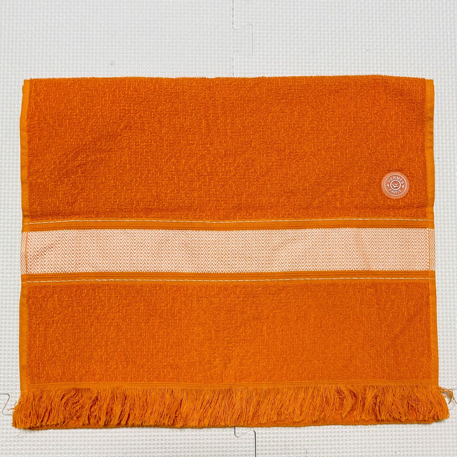 同然 HERMES エルメス Bain Beach Collection バン ビーチ タオル フリンジ ベルギー製 オレンジ バンロゴ カモメロゴ コーマコットン
