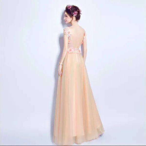 MESHKI オープンバック　ドレス　ウェディング　パーティー　ロングドレス バックオープンジオメトリックレース フレア ロング 結婚式