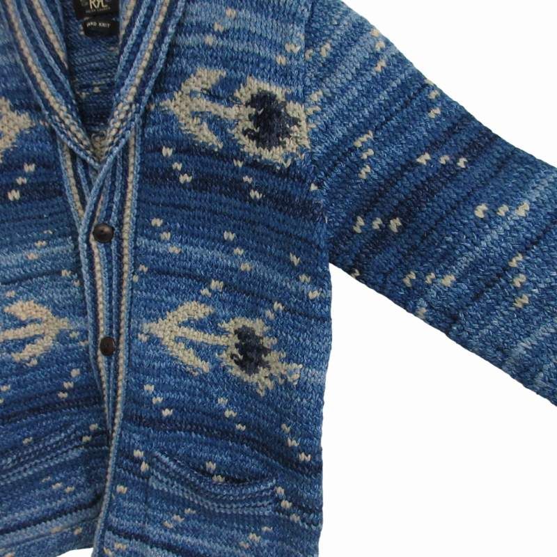 ダブルアールエル RRL RALPH LAUREN ラルフローレン 極美品 HAND KNIT CARDIGAN ハンドニット カーディガン  ネイティブ柄 ショールカラー カウチン 青 ブルー Lサイズ 0910