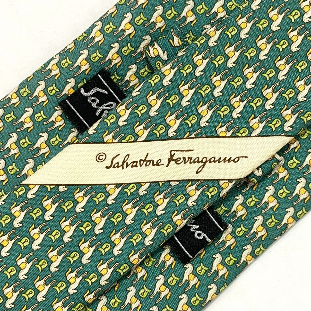 SJ3【Ferragamo】ネクタイ SILK/シルク 100% グリーン/緑 馬 総