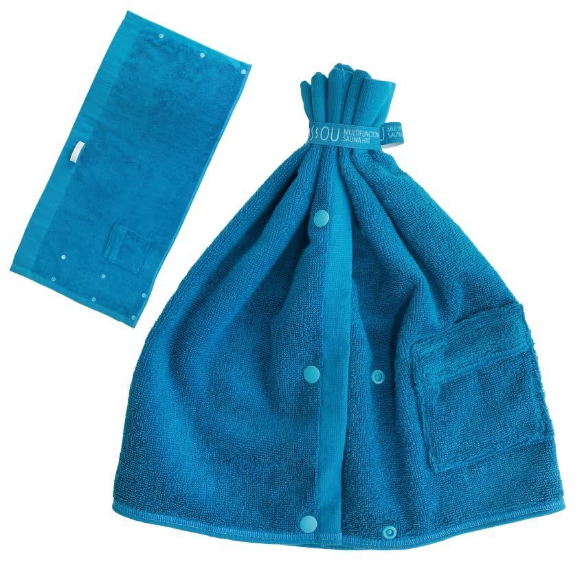 新品 SOU by RAKUSE (ソウバイラクセ) サウナハット (洗える / 2段階のサイズ調整 / ポケット付き) 多機能 サウナグッズ (タオル / 綿100%) メンズ レディース 大きめ サウナタオル (ターコイズ)