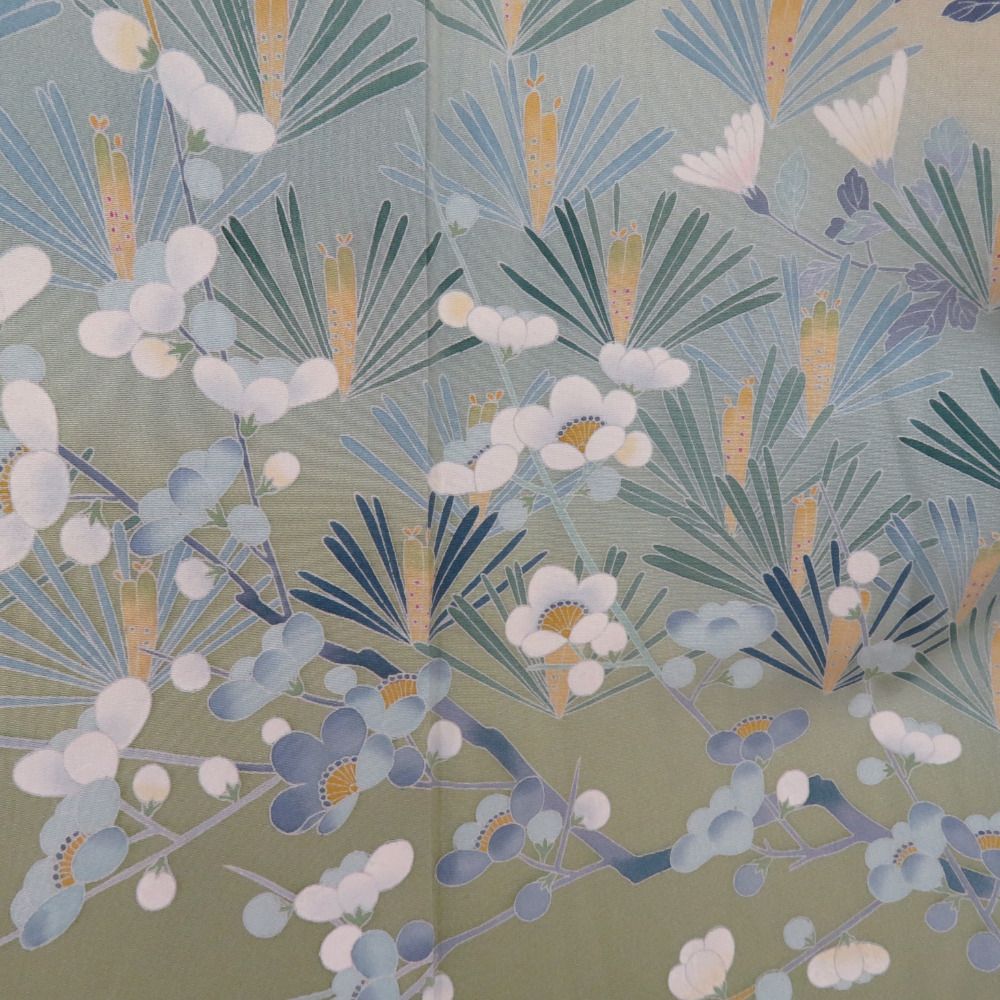 訪問着 友禅 オリーブグリーンx薄青色x多色 菊に梅と松文様 一つ紋