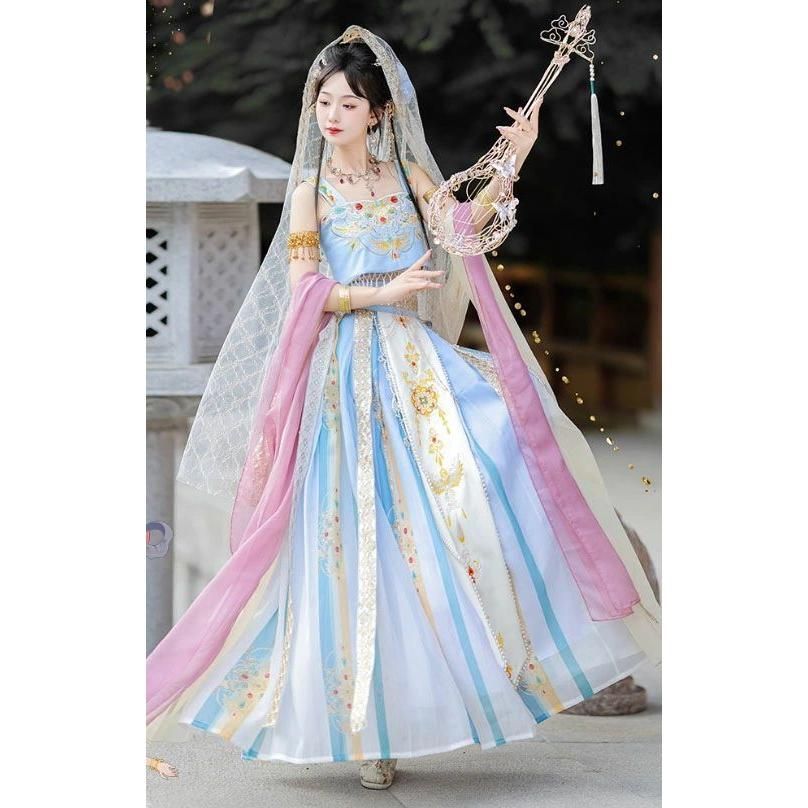 大人 中華 アラビアン コスプレ衣装 ベールとスロール付き5点セット レディース 中国古代 敦煌 飛天 古典ダンス衣装 改良漢服 華流 アラジ WWW_NOITHATQUANGTHANH_NET