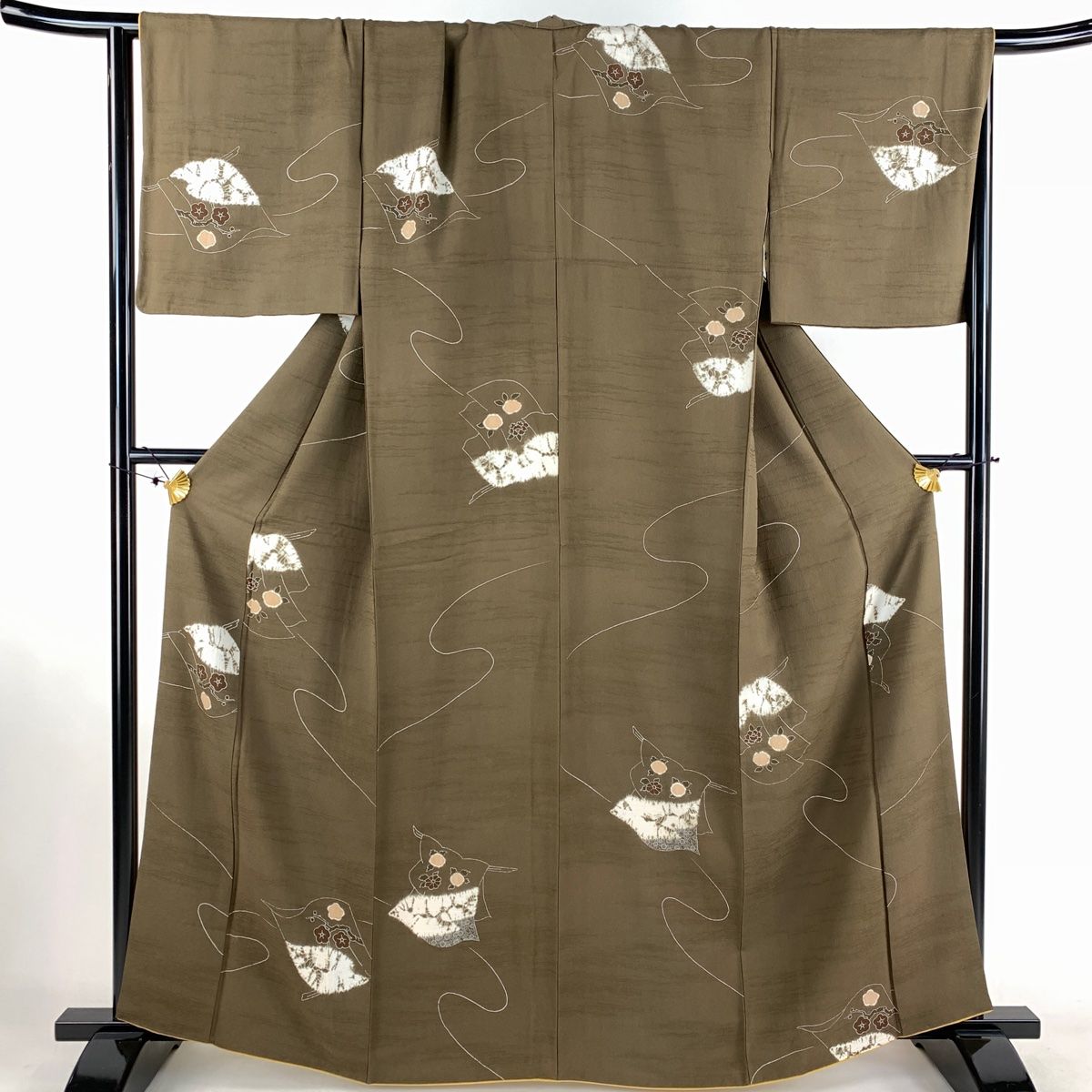 小紋 身丈163.5cm 裄丈68cm L 袷 誰が袖 枝梅 絞り 焦茶色 正絹 秀品