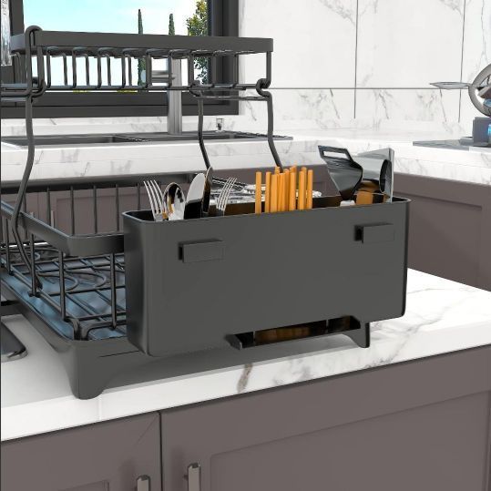 大容量2段式水切りラック - 自動排水、耐久性のあるスチール製 大容量2段式水切りラック - 自動排水、耐久性のあるスチール製