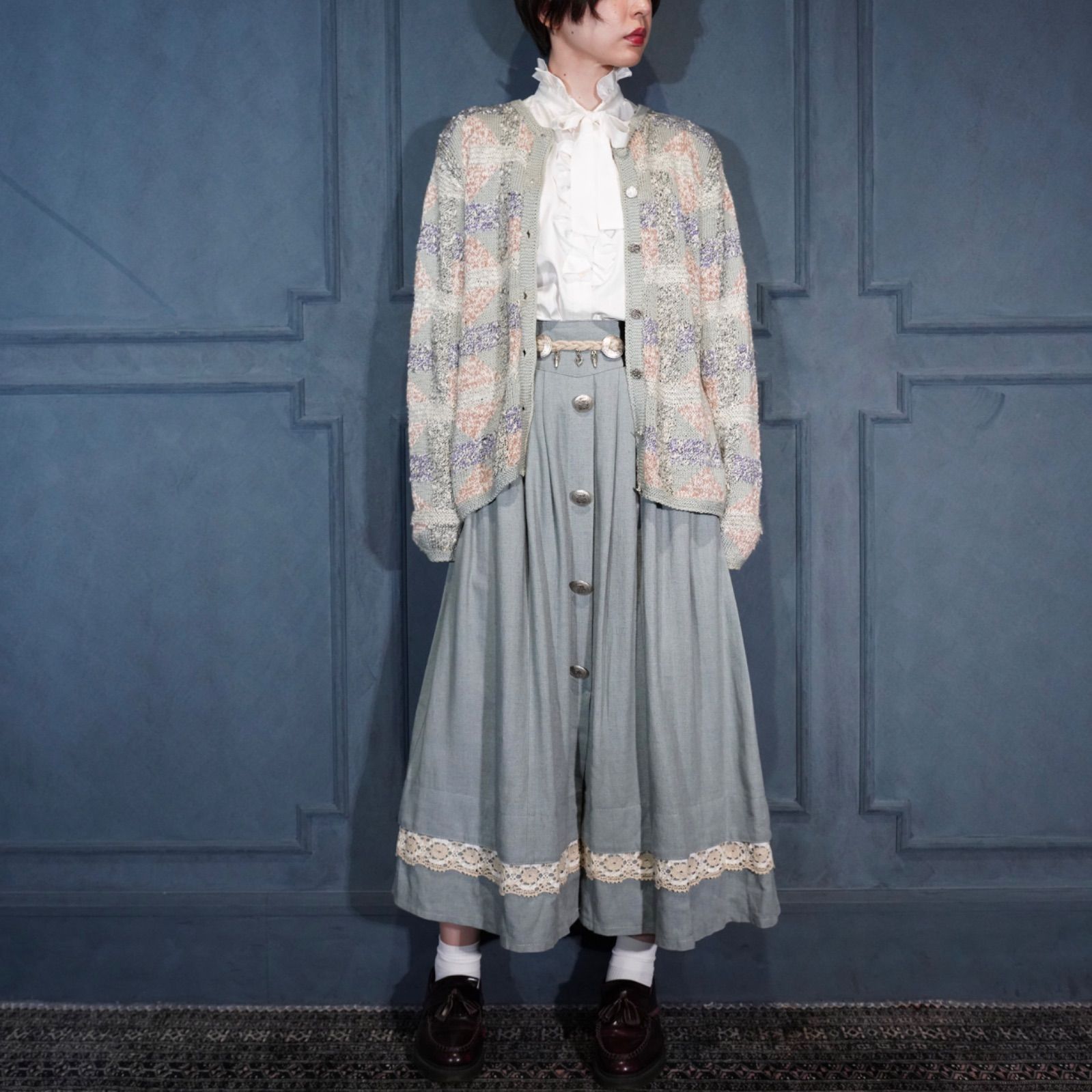 EU VINTAGE Geiser COLLECTION FRONT METAL BUTTON LACE DESIGN LINEN TYROLEAN LONG SKIRT|ヨーロッパ古着フロントメタルボタンレースデザインリネンチロリアンロングスカート