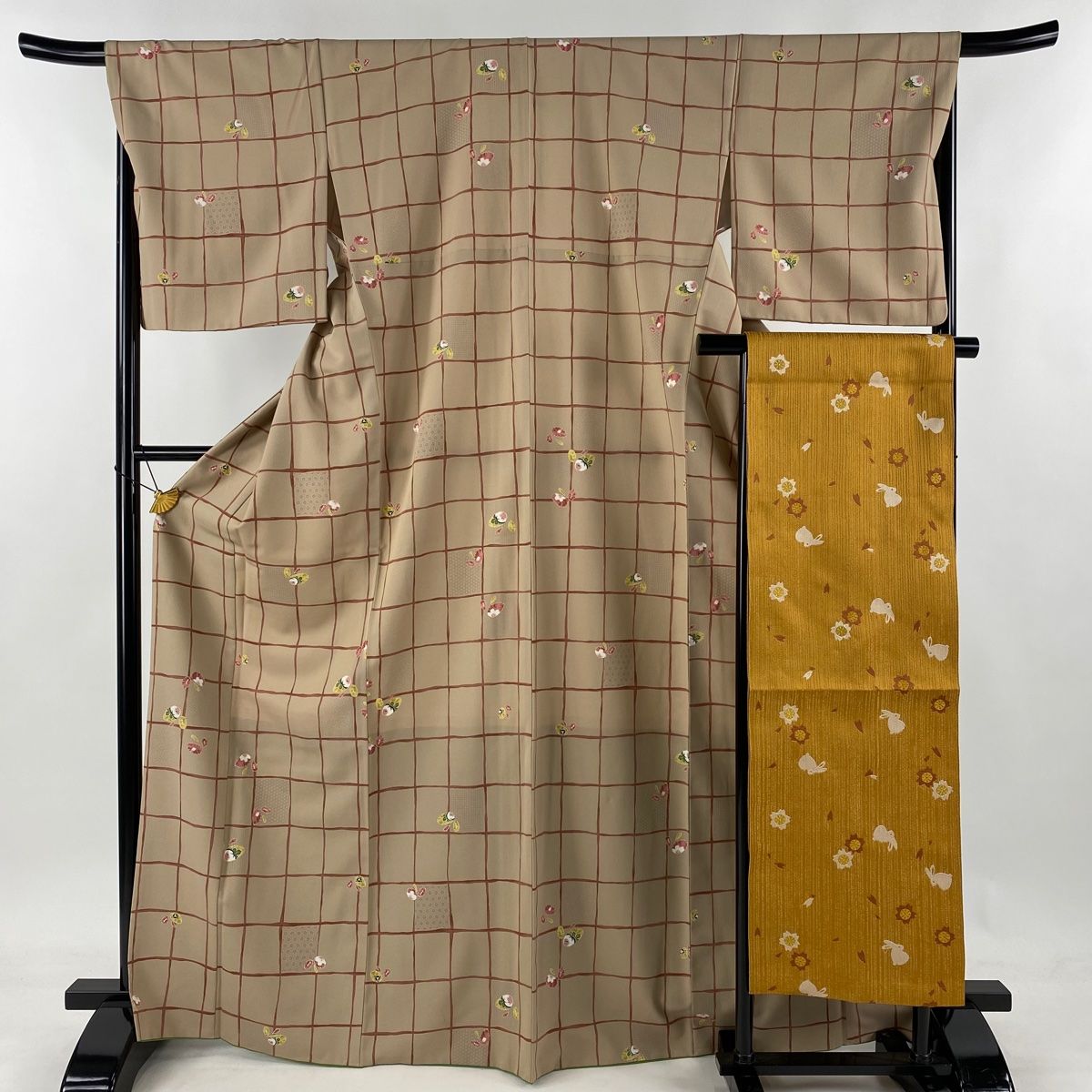 小紋 身丈169.5cm 裄丈67.5cm L 袷 名古屋帯セット 桜 格子 薄茶色 化繊 優品
